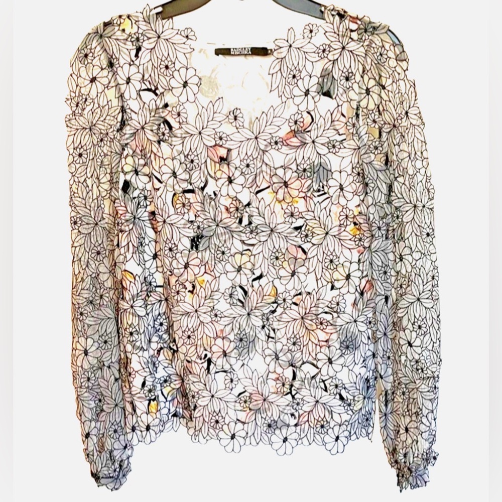 Badgley Mischka Sheer Floral Embroidered Lace Blouse Size 0 Romantic Top